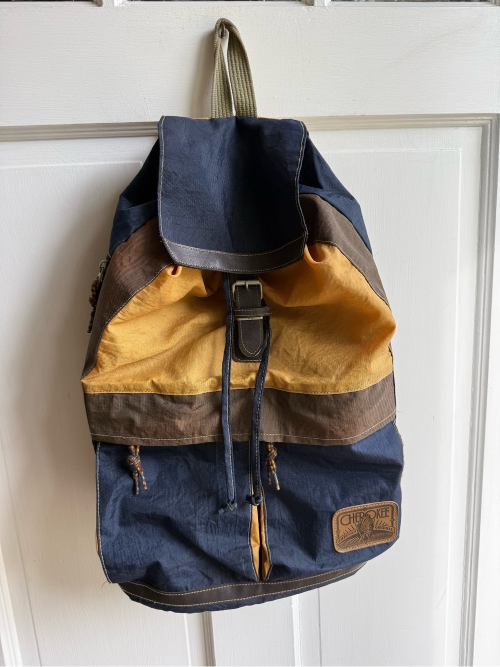 Cherokee Vintage 90s Navy, Mustard & Brown Canvas Roll-Top Backpack